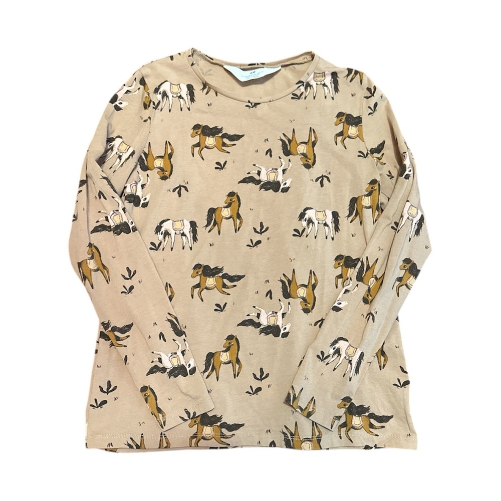Cotton Long Sleeve Tee with Horses Graphic